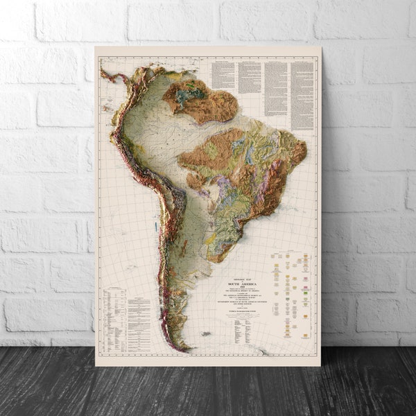 South America Geological Map - Elevation Map - 1950 2D Vintage Poster - Brazil - Argentna - Colombia - Guyana - Paraguay - Venezuala