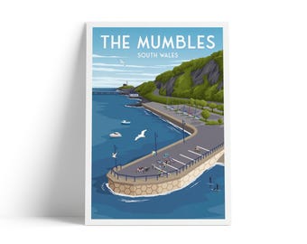 The Mumbles Print – South Wales Coastal Travel Poster, Illustrated Seaside Wall Art, Swansea Bay, Welsh Coast Illustration