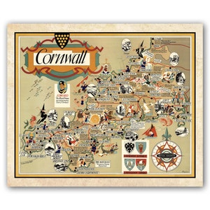 Carte picturale de Cornwall | | antique vintage | de 1950 | de St Ives | de Newquay | de St Mawes Fowey | plymouth | | de Looe | Tintagel | Bude | de la Combe Bodmin