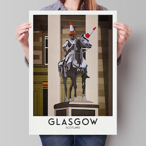 Glasgow hertog van Wellington standbeeld poster - Glasgow print - Scottish Wall Art - historisch monument - standbeeld verkeerskegel