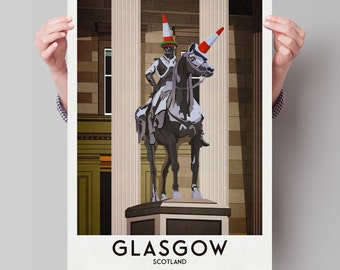 Plakat przedstawiający posąg księcia Wellingtona w Glasgow - Glasgow Print - Szkocka sztuka ścienna - Zabytek historyczny - Pomnik pachołka drogowego