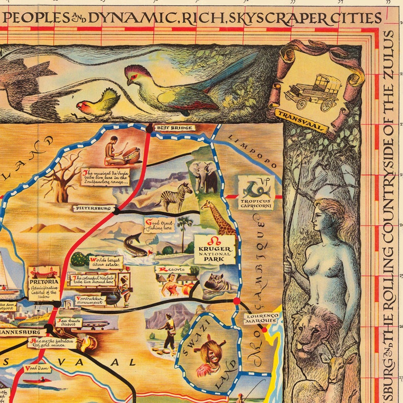 Pu&ograve; includere: Una mappa illustrata vintage del Sudafrica in uno stile colorato e fantasioso. La mappa presenta una variet&agrave; di animali, punti di riferimento e testo, tra cui "Kruger National Park", "Limpopo", "Transvaal" e "Tropicus Capricorn".