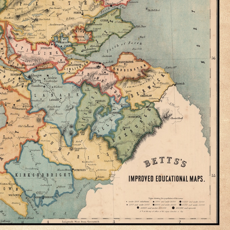 May include: A detailed antique map of Scotland, featuring counties like Edinburgh, Glasgow, and Perth. The map is labeled "BETTS'S IMPROVED EDUCATIONAL MAPS" and includes a legend indicating town population sizes. The map is colored in shades of tan, blue, and green.