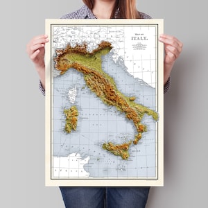 Italien Karte - 1894 Vintage Italien schattierte Reliefkarte - 3D Illusion - Emilia - Rom - Korsika - Toskana - Latium - Kampanien - Sardinien