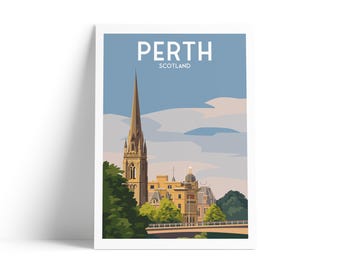 Perth Scotland Travel Poster | Scottish City Wall Art Print | Modern Vintage Style Illustration