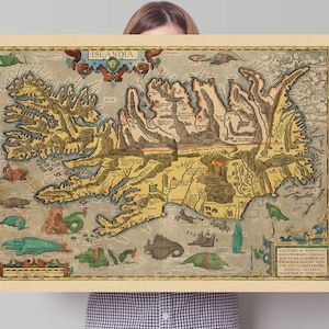 Alte Landkarte von Island von Ortelius - Retro Isländisches Poster - Reykjavik, Keflavik, Vulkane, Gletscher, Seemonster, Berge, Berg Hekla