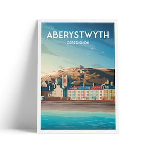 Aberystwyth Print, Wales Reiseplakat, Ceredigion Illustration Wanddekor, Küstenzauber, walisische Wandkunst