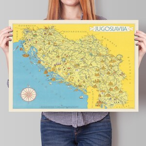 Jugoslavia Map - Vintage Reproduktion von Jugoslavija Print - Rijeka - Ljubljana - Zagreb - Sarajevo - Titograd - Skopje - Subotica