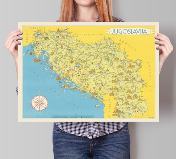 Jugoslavia Map - Vintage Reproduction of 1954 Jugoslavija Print