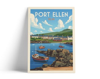 Port Ellen Islay Scotland Travel Poster | Scottish Hebrides Harbour Print | Vintage Coastal Wall Art | Retro Scottish Island Poster
