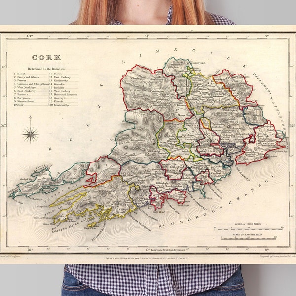 Cork Map - Old Antique Reproduction Print of County Cork in Ireland - 1846