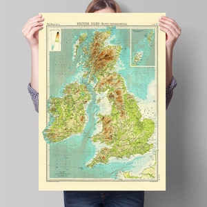 Die Britische Insel Karte - Bathyorographisch - Reliefkarte mit den Tiefen des Ozeans und den Höhen der Berge