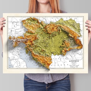 Mapa da Áustria - Mapa em relevo sombreado 2D com efeito 3D - Impressão de Bartolomeu - Pôster do Império Austro-Húngaro - Boêmia - Hungria - Galícia
