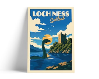 Loch Ness Scotland Travel Poster | Loch Ness Monster Nessie Print | Urquhart Castle Wall Art | Vintage Scottish Highlands Poster A4 A3 A2 A1