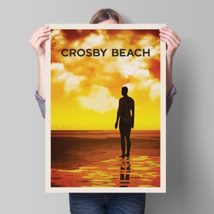 May include: A vintage-style poster with a sunset background and the text "Crosby Beach" in black. A silhouette of a person stands in the water on the beach.