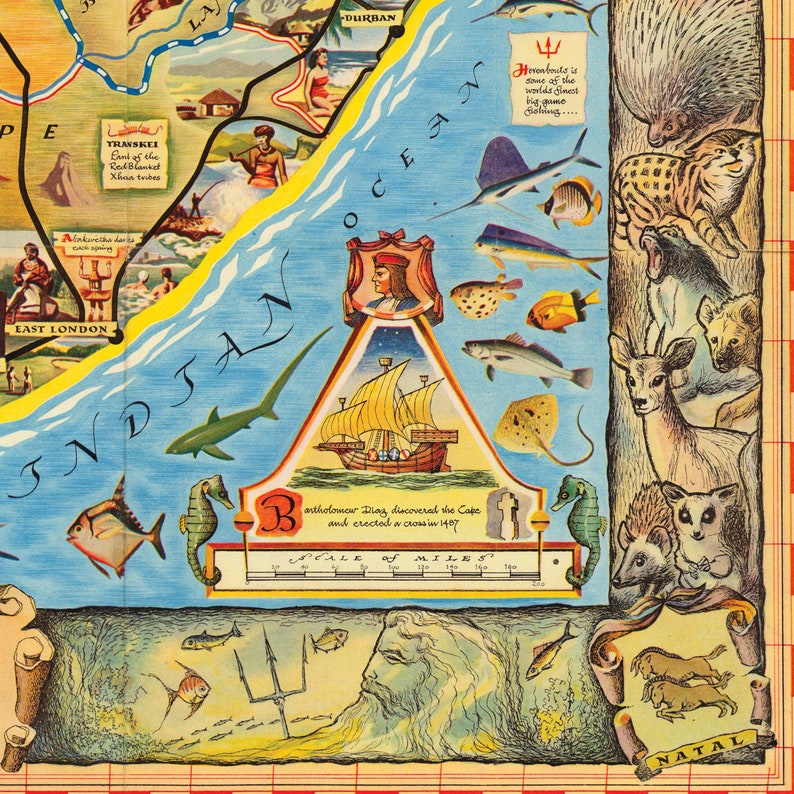 Pu&ograve; includere: Una mappa illustrata vintage del Sudafrica con un tema nautico. La mappa presenta una nave a vela, creature marine e animali nativi della regione. Il testo sulla mappa recita "Transkei, East London, Durban, Natal, Oceano Indiano, Bartolomeo Diaz scopr&igrave; il Capo e vi eresse una croce nel 1487".