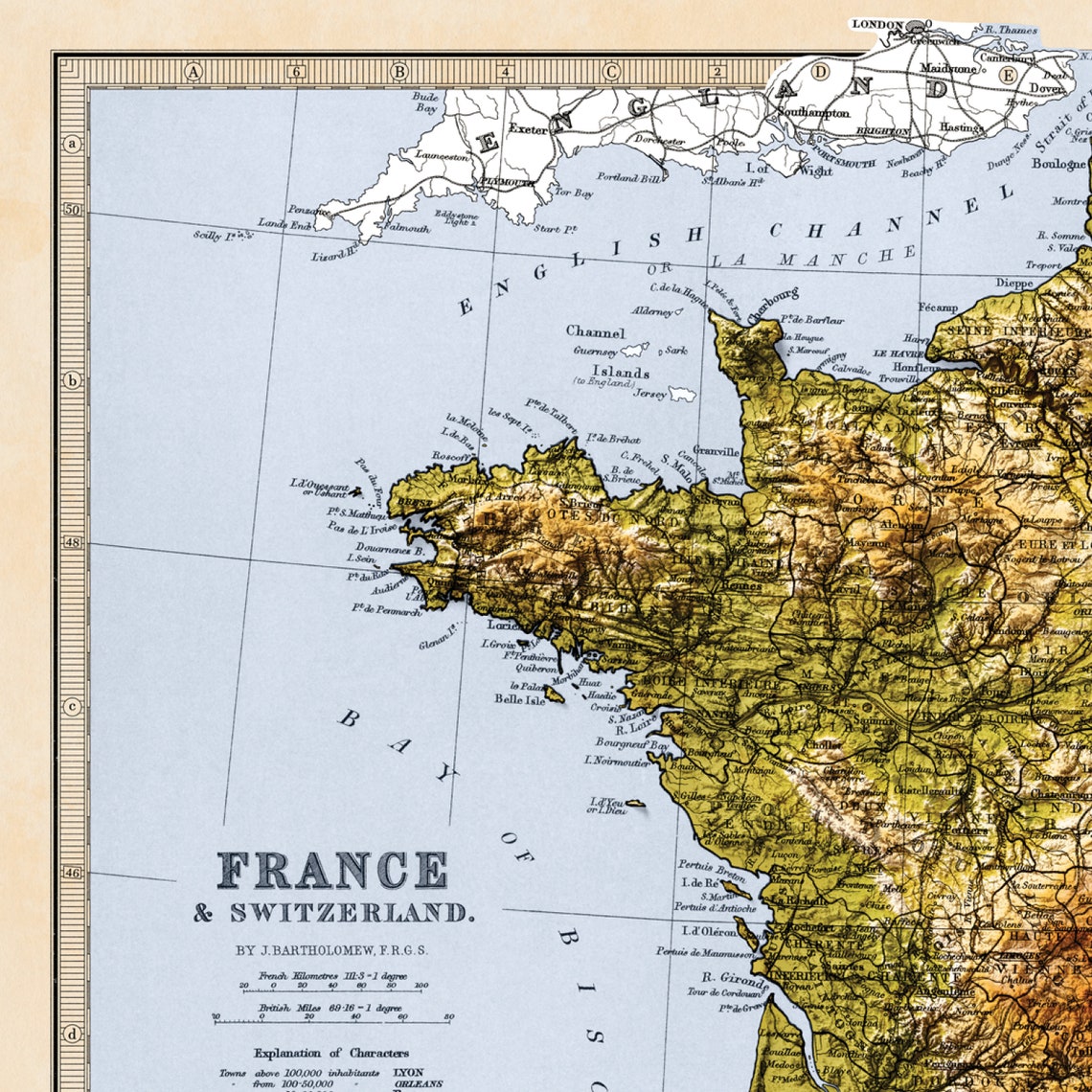 France &amp; Switzerland Map Elevation Map 2D Vintage Poster - Etsy