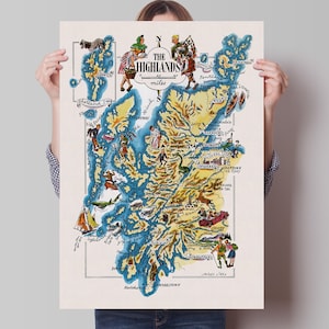 May include: A colorful illustrated map of the Scottish Highlands with a key showing various locations and points of interest. The map is surrounded by a white border and includes the text "The Highlands" and "miles".