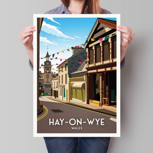 Hay-on-Wye Print - Wales Travel Poster - Lion Street - Powys - Art print A3, A2, A1