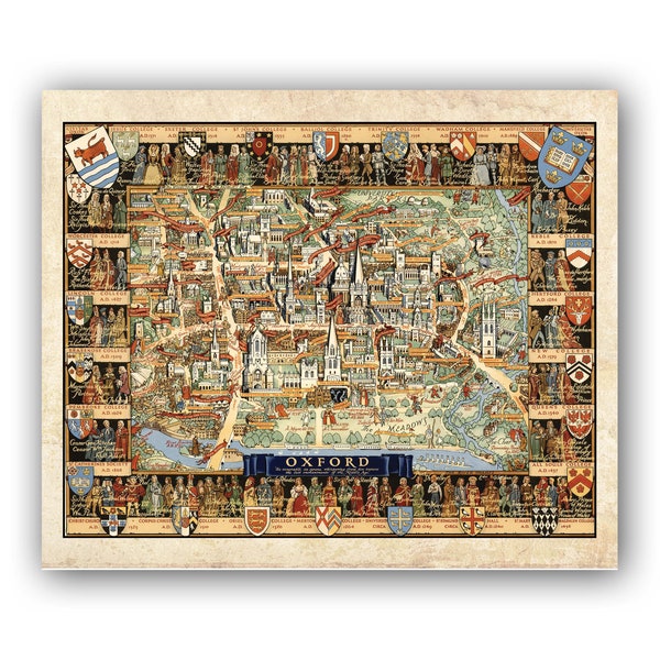 Oxford Pictorial Map | Vintage Antique | 1948 | Old Map Wall Print| Poster Wall Art|Wall Art|Kerry Lee