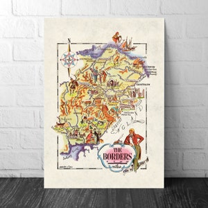 Pictorial Map of the Borders in Scotland - Haddington - Peebles - Dumfries - Greenlaw - Jedburgh - Selkirk - Moffat - Lokerbee - Eyemouth