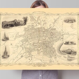 Ancienne carte d’Édimbourg | Plan de la ville d’Édimbourg, Écosse | | de 1851 | d’impression écossaise vintage Décor mural old map