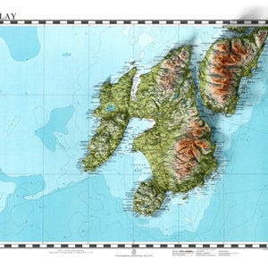 Print topografische kaart Islay - "The Queen of the Hebrids" - vintage - retro - geologische kaart - reliëfprint met 3D-effect