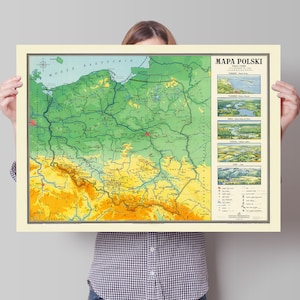 Poland Map | Vintage Map of Poland | Polish Print | 1961 | Mapa Polski | Wybreze | Pojezierze | Nizina |  Wyzyna | Gory | Warsaw | Kraków