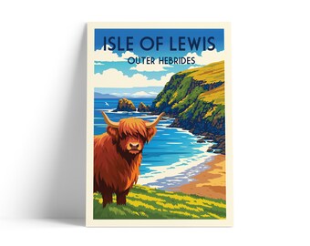 Isle of Lewis Scotland Travel Poster | Highland Cow Print | Outer Hebrides Coastal Wall Art | Vintage Scottish Island Poster A4 A3 A2 A1
