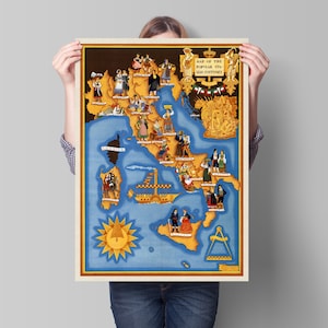 Könnte beinhalten: Eine Vintage-Karte von Italien, die traditionelle Kostüme aus verschiedenen Regionen zeigt. Die Karte ist mit bunten Figuren illustriert, die regionale Kleidung und Accessoires tragen. Der Titel lautet "Karte der beliebten italienischen Kostüme."