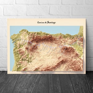 Carte des sentiers ombragés 3D du Camino de Santiago | Art mural chemin de pèlerinage | A3, A2, A1