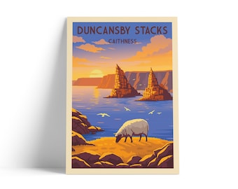 Duncansby Stacks Scotland Travel Poster | Caithness NC500 Coastal Print | Vintage Scottish Highlands Wall Art | Retro Landscape A4 A3 A2 A1