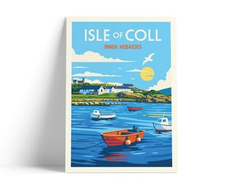 Isle of Coll Scotland Travel Poster | Inner Hebrides Harbour Print | Vintage Scottish Island Wall Art | Retro Coastal Poster A4 A3 A2 A1