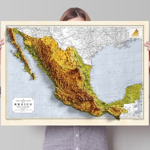 Mapa topograficzna Meksyku - wydruk giclée 2D - plakat z efektem cieniowania 3D przedstawiający Meksyk - mapa wysokościowa w stylu vintage z 1871 r.