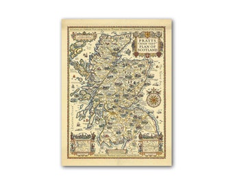 Illustrated Map of Scotland - Reproduction of Pratts high test plan of Scotland, Vintage Scottish Poster, Scottish Gift