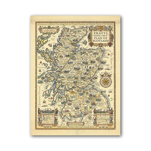 Carte illustrée de l’Écosse - Reproduction du plan de test élevé de Pratts de l’Écosse, affiche écossaise vintage, cadeau écossais