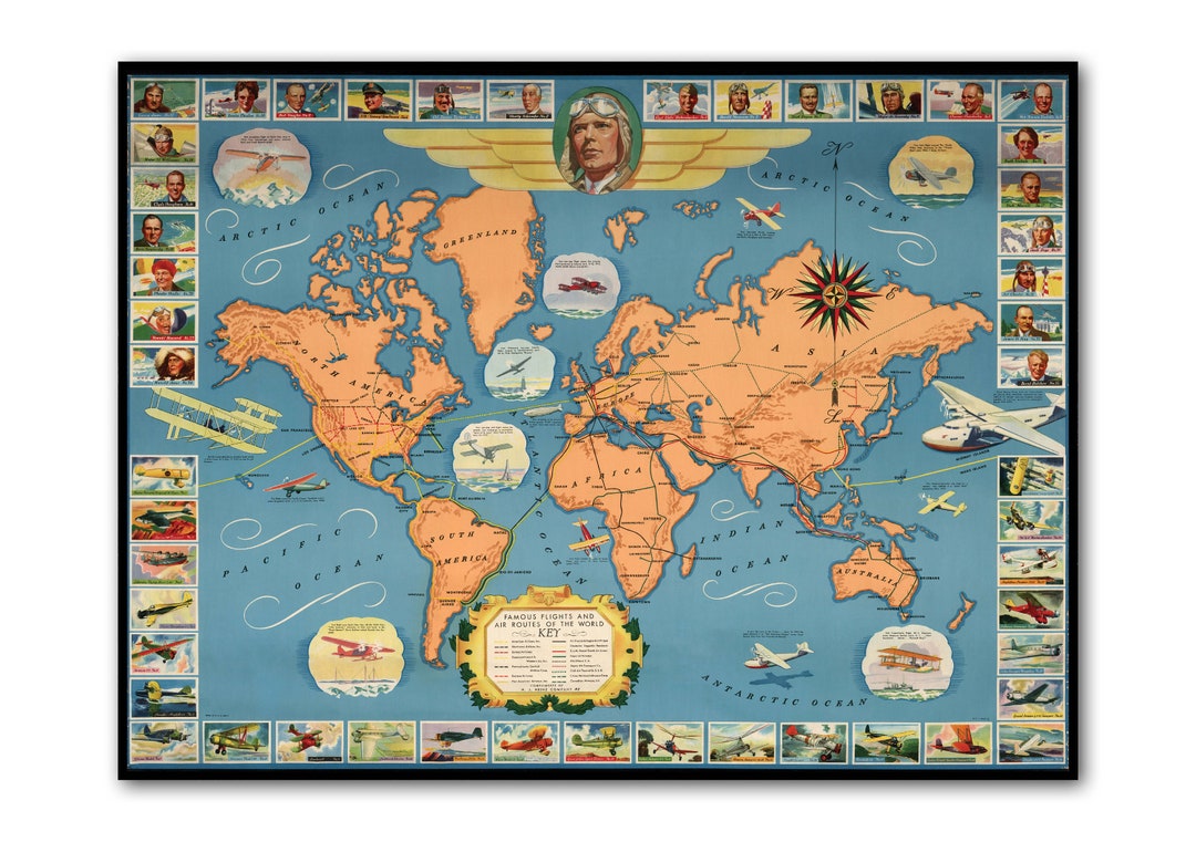 Vintage World Aviation Map famous Flights and Air Routes of the World Poster Aviation Poster