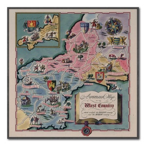 Carte illustrée du sud-ouest de l'Angleterre | Une carte Dunlop de l'ouest du pays |  Antiquités vintage | 1950 | Ancienne carte imprimée| Torquay | Plymouth | Cornouailles
