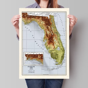 Florida Map - Vintage Style 1882 Elevation Map - 2D Print met 3D-effect schaduwrijke reliëf Poster - Florida Poster - USA - Verenigde Staten