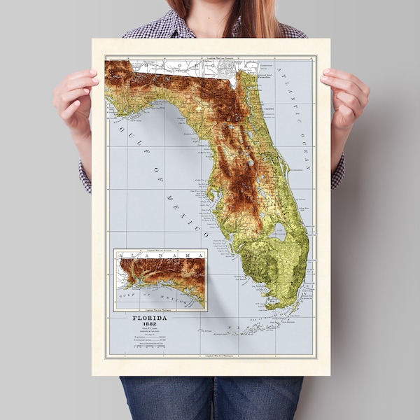 Florida Map - Vintage Style 1882 Elevation Map - 2D Print with 3D effect shaded relief Poster - Florida Poster - USA - United States