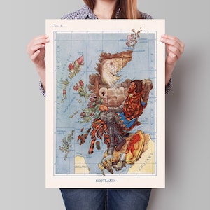 Könnte beinhalten: Eine Vintage-Illustration einer Karte von Schottland mit einer Cartoon-Darstellung eines Mannes, der auf dem Land sitzt. Der Mann trägt einen Kilt und hält ein Schwert. Die Karte ist von einem blauen Rand umgeben und enthält den Text "Schottland" unten.