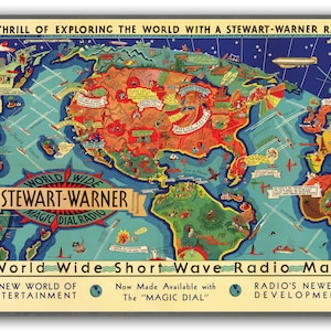 Short Wave Radio Map | Vintage World Map | Vintage Poster |  World Wide Radio| Radio History| Vintage Poster| Wall Art Print| Radio Print