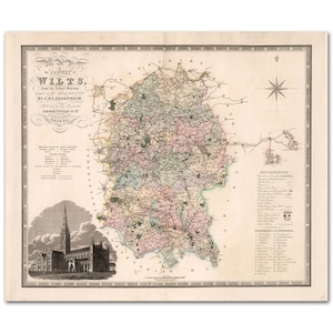 Wiltshire Map, Carte du comté de Wilts : à partir d'une enquête réelle réalisée dans les années 1819 et 1820, English County Map of Wiltshire Print
