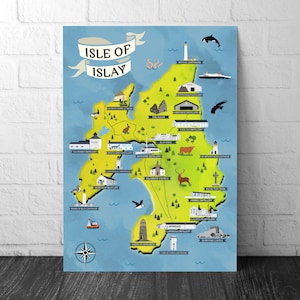 Isle of Islay Map | Pictorial Lighthouse Poster  | Whisky Distilleries  |  Scottish Highlands | Castle | Monumants  | Puffin  | Seal | Deer