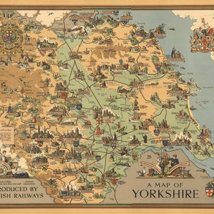 Ancienne carte du Yorkshire | millésime Angleterre | Carte britannique | Carte illustrée | Cartes intéressantes | York | Coque | Bridlington | Scarborough | Beverly