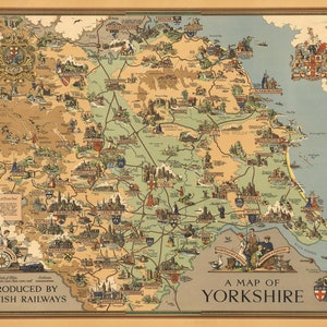 Old Map of Yorkshire | Vintage England | British Map | Pictorial Map | Interesting Maps | York | Hull | Bridlington | Scarborough | Beverley