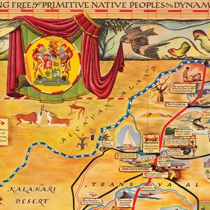 Pu&ograve; includere: Una mappa vintage del Sudafrica con un'illustrazione colorata dello stemma della Repubblica del Sudafrica. La mappa mostra la posizione del Bechuanaland, del Transvaal e dello Stato Libero dell'Orange. La mappa include anche illustrazioni di animali, uccelli e persone.