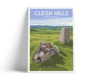 Cleish Hills Travel Poster | Dumglow Summit & Trig Point Art Print | Perth and Kinross