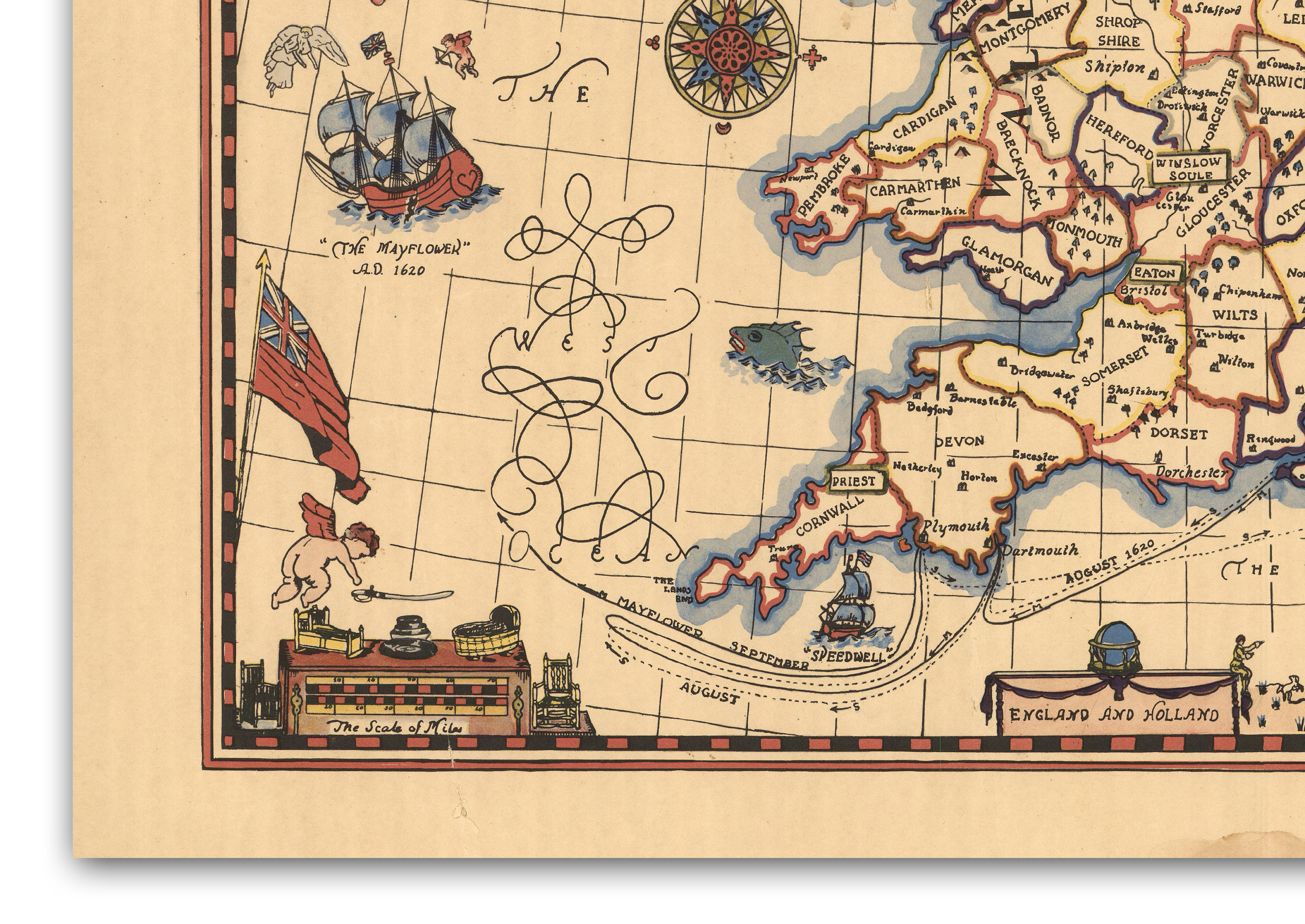 The Pilgrims of the Mayflower Old Map of England and Holland Etsy