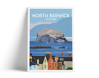 North Berwick Print - House Rooftops and Bass Rock View - East Lothian Travel Poster - Scotland Wall Art